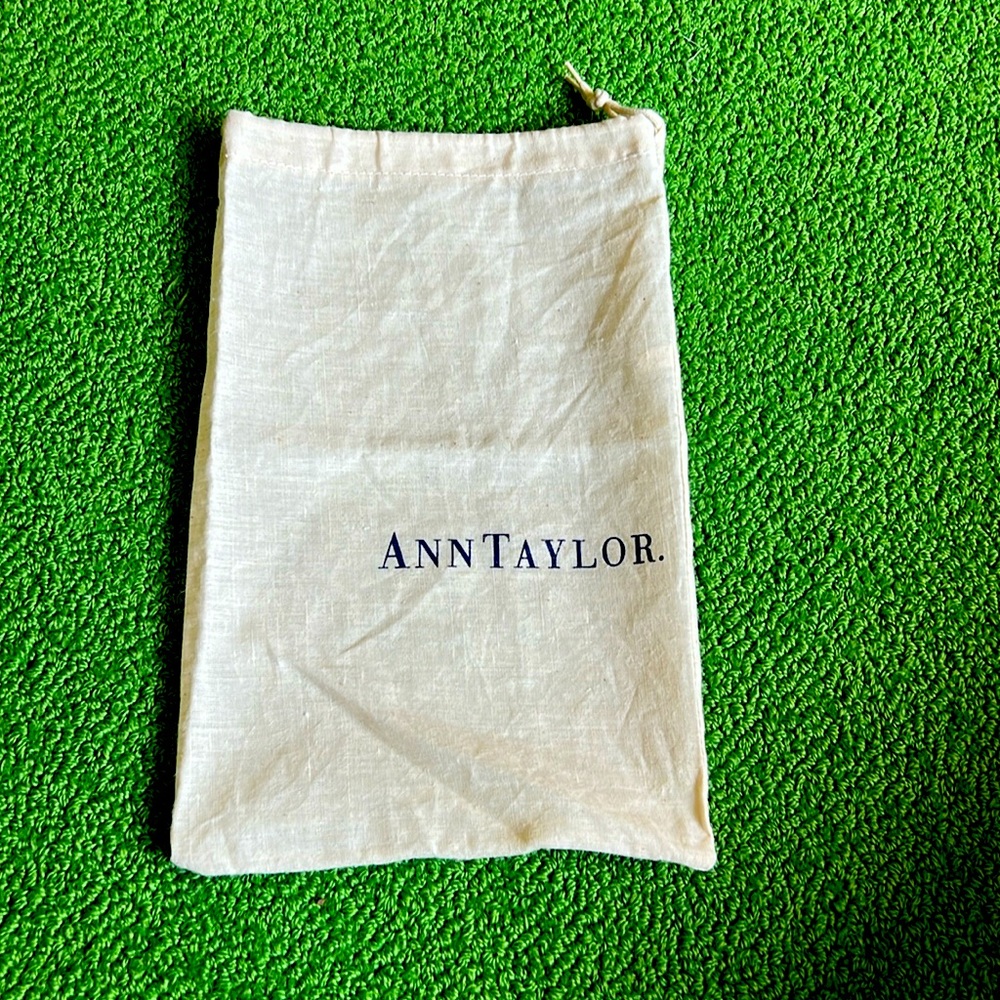 Preloved Ann Taylor dust bag 8 by 13. Beige with navy blue letters.